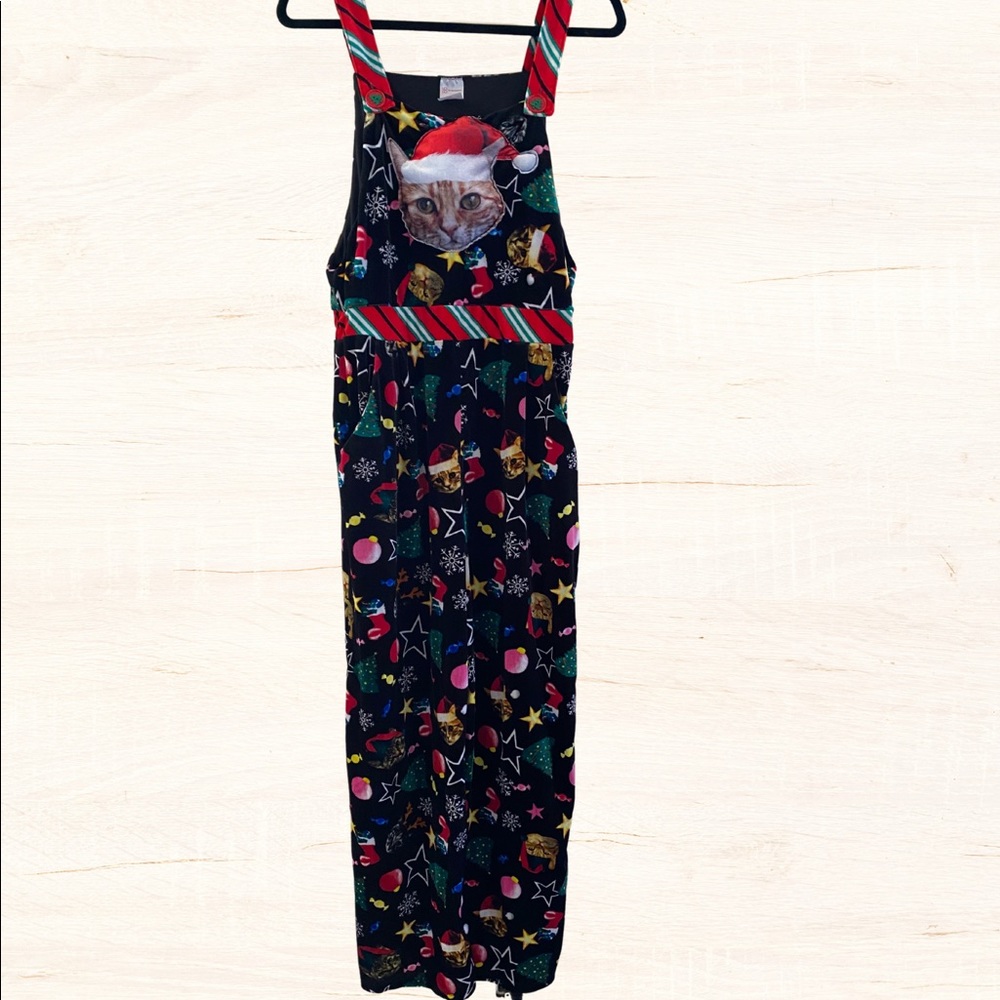 NWOT Kitty Cat Christmas Overalls Jumpsuit Size L